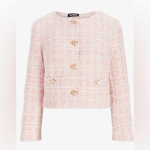 Express Pink Plaid Tweed Boucle Jacket NWT - Picture 4 of 4